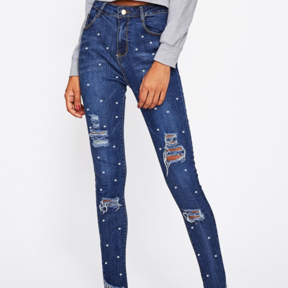 Faux Pearl Skinny Ripped Jean High Waist Size L